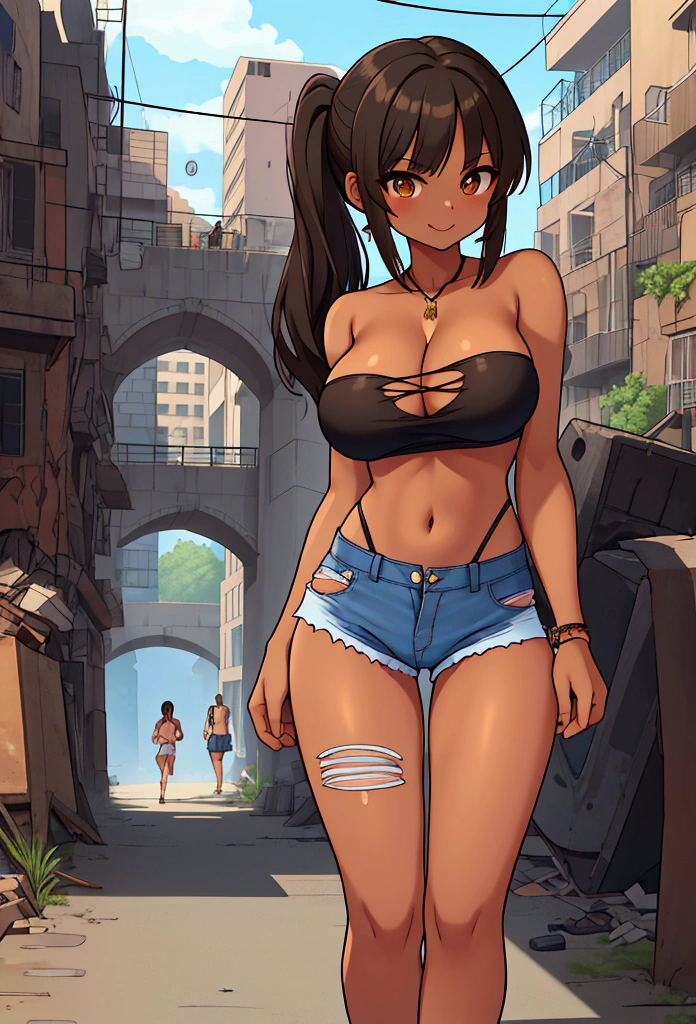 1girl,gyaru,bishoujo,,teen,brown_skin,tan,skinny,thin,inverted triangle face,oval face,black hair,straight_hair,medium hair,brown eyes,just shoulders,collarbonea,Big Breasts，underboob，Cleavage，big breasts,cleavage,narrow_waist,Slender_waist,midriff,belly,navel,strapless_Bikini,Bikini_top_only,Side_slit,micro_shorts,shorts,hot_pants,denim_shorts,open_fly,torn_pants,torn_shorts,torn_jeans,just_Legs,sneakers,smile,huge filesize,In summer,day,shanty town/slum,rubble_ruins,Under_bridge,city,crowd,panorama,Wide_shot,full_shot,midriff_peek,pussy_peek,looking_at_viewer,