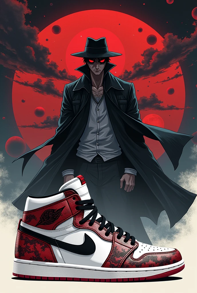 A white Air Jordan 1 Mid sneaker with a custom design inspired by Muzan Kibutsuji from 'Demon Slayer'. The design should feature stylized illustrations of Muzan in his iconic black and white outfit, along with elements like his fedora, red eyes, and a night sky filled with blood moons. Use a color palette dominated by black, white, and deep red to create a dark and menacing aesthetic. Seamlessly integrate Muzan's powerful and mysterious presence into the panels of the sneaker, covering the sides, tongue, and back, while maintaining a sleek and cohesive look that reflects his fearsome character. On the Nike swoosh logo, incorporate a detailed illustration of the moon demons from the series, and add some subtle details reminiscent of Muzan's appearance or powers.