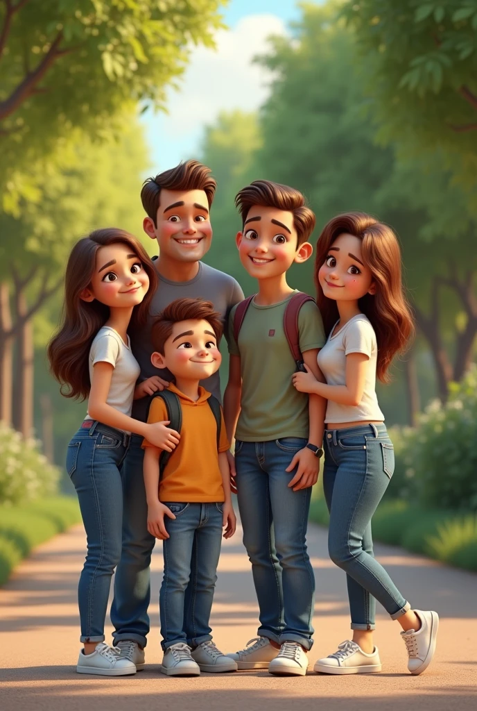 1 female teenager, long brown hair, con jins and white sneakers.
boy, short brown hair con jins and white sneakers.
man 40 years old white skin, short brown hair, con jins and white sneakers.
woman 40 years old white skin,long brown wavy hair with blouse, jins and white sneakers, all together in a park, pixar style