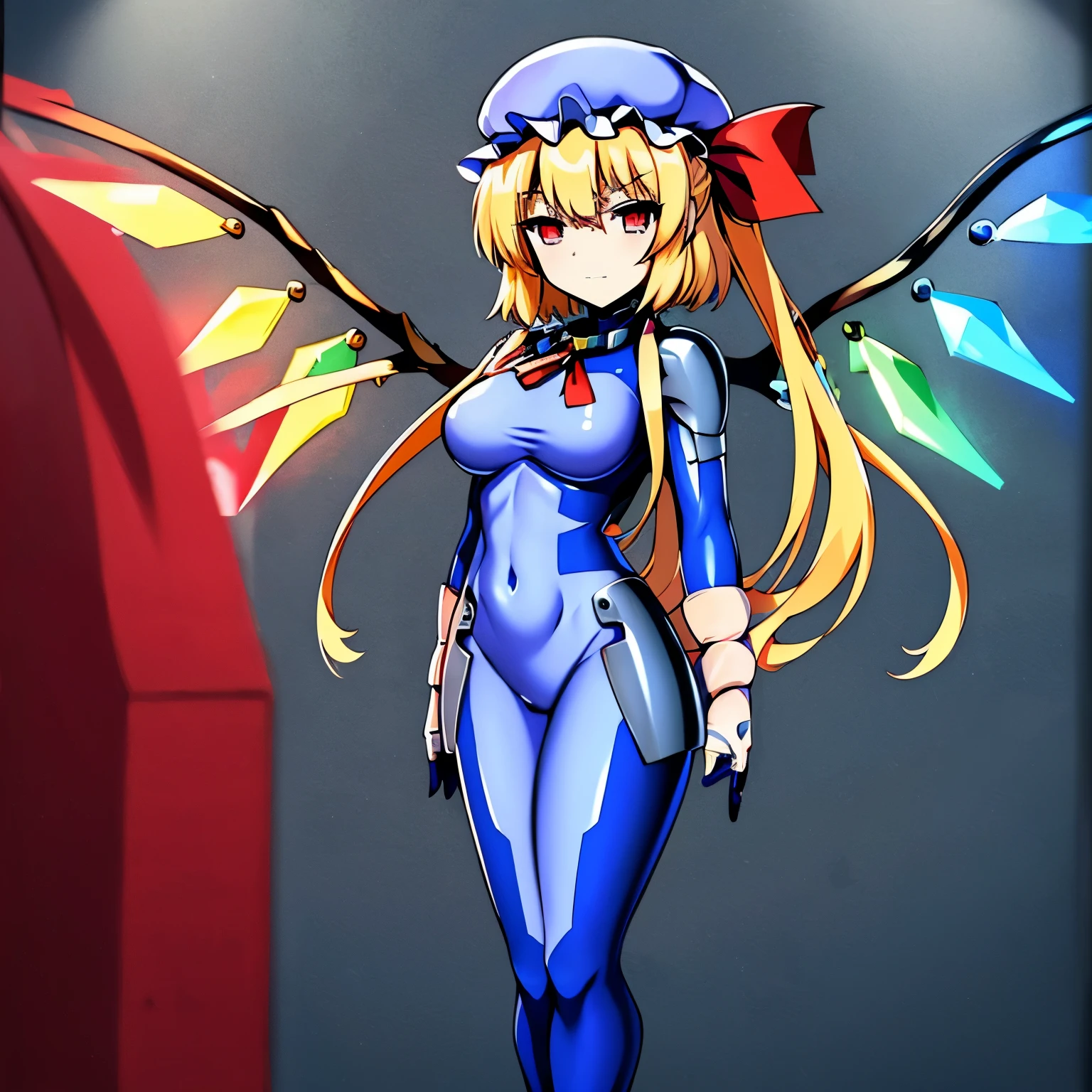 ultra-detailed, Explicit, Beautiful body, Beautiful Nose, Beautiful character design, perfect eyes, perfect face, ultra highres, 4K, beautiful legs, perfect legs, Nice hands, Perfect hand, Masterpiece, Best Quality, Highly detailed, illustration, absurdres, perfect anatomy, expressionless, blank eyes, emotionless,corruption, mind control, female combatant, full body, hypnotized, unhappy trance, full body suit, ribbed bodysuit, both arms at side, obey, perfect female body, looking at viewer, hypnosis, hypnoLora, empty eyes, Mind control device, Slave, Fighting Stance,numbersuit, two-tone bodysuit:0.9, blue bodysuit:0.9, light blue bodysuit:0.9, (((pixel-perfect, detail-perfect))) 1girl, solo, hair ornament, flandre_scarlet_touhou, blonde_hair, wings, red_eyes, crystal, bangs, hat, one_side_up, ribbon, mob_cap, bow, blush, smile, vest, white_headwear, red_vest, ascot, hair_between_eyes, red_bow, red_ribbon, upper_body, hat_ribbon, yellow_ascot, short_hair, (((standing, standing at attention)))