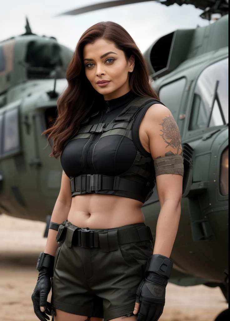 45yo MATURE MILF AISHWARYA RAI, with assault riffle in hands, (photorealistic), beautiful lighting, best quality, realistic, full body portrait, real picture, intricate details, depth of field, 45-years-old, standing next to army helicopter, A very attractive milf sexy solider girl with ((open hair)), wearing black leather shorts and tight crop top, knee high boots, camo plate carrier rig, combat gloves, (kneepads), highly-detailed, perfect face, hazel eyes, lips, wide hips, small waist, tall, make up, tacticool, Fujifilm XT3, outdoors, bright day, Beautiful lighting, RAW photo, 8k uhd, film grain, ((bokeh))