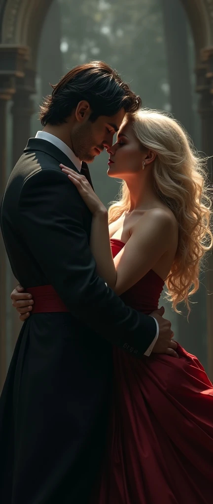 dark romance couple, black hair masculine man, light blonde hair stocky woman, well dressed, good posture, good body mass, fantasy art, black theme, masterpiece, extreme detail, cinematic lighting, 4k