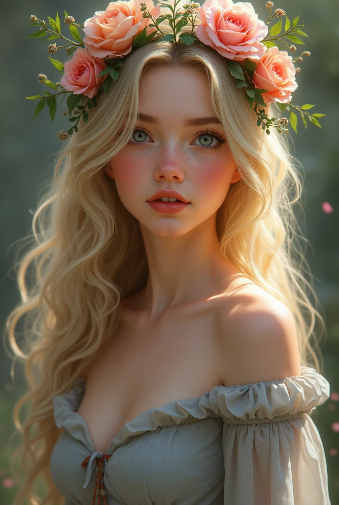 Disney princess girl dark blonde hair, grey low cut blouse, flowers on the head