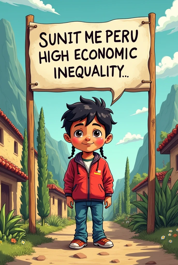 Person in Peru, with a cartoon saying that Peru is known for having high economic inequality.