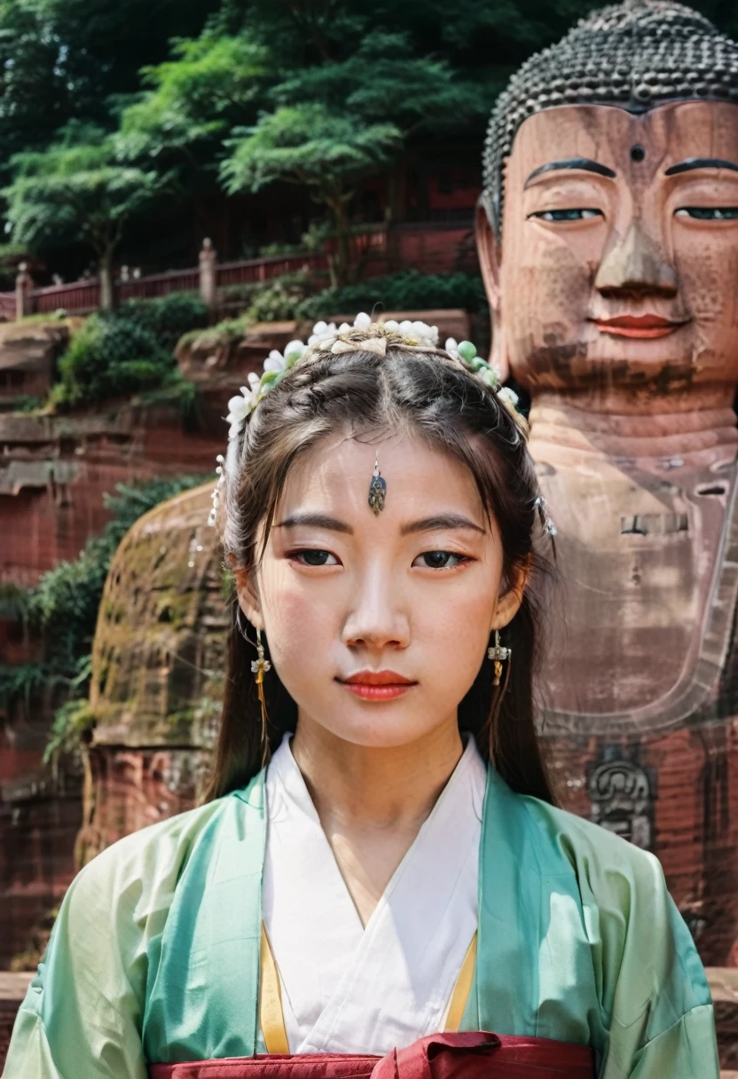 A girl in hanbok, pretty face, bust, standing in front of the Leshan Buddha in the background, film camera, Fuji, photographic prints, film tones