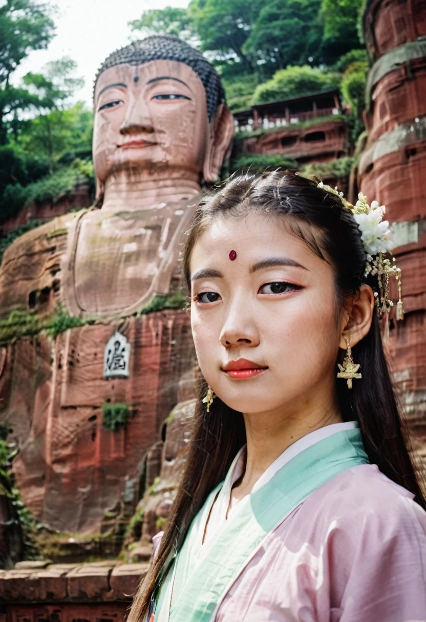 A girl in hanbok, pretty face, bust, standing in front of the Leshan Buddha in the background, film camera, Fuji, photographic prints, film tones