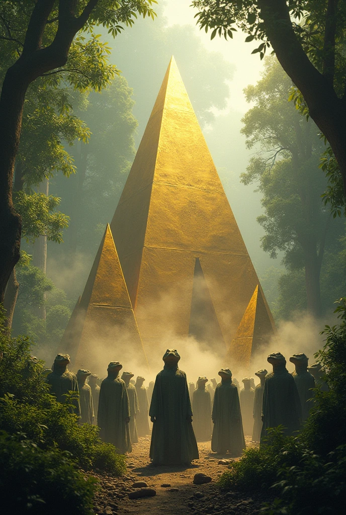 Reptilian people gathered in front of golden pyramids in the middle of the forest. This year it&#39;s 