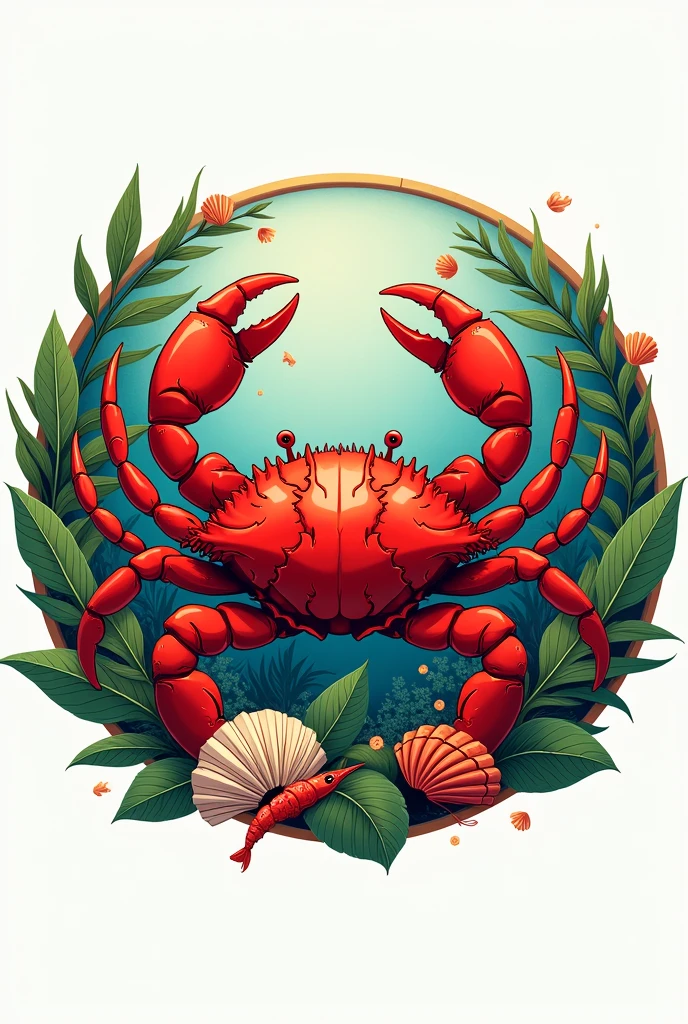 I want a circle logo of a red crab with the phrase * THE HEART OF THE CRAB TO THE NATURAL PARADISE" AND THAT IT HAS DECORATIONS OF SHELLS, SHRIMP, FISH, GREEN COCOA