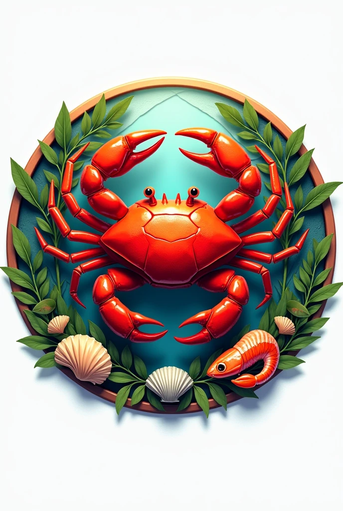 I want a circle logo of a red crab with the phrase * THE HEART OF THE CRAB TO THE NATURAL PARADISE" AND THAT IT HAS DECORATIONS OF SHELLS, SHRIMP, FISH, GREEN COCOA 