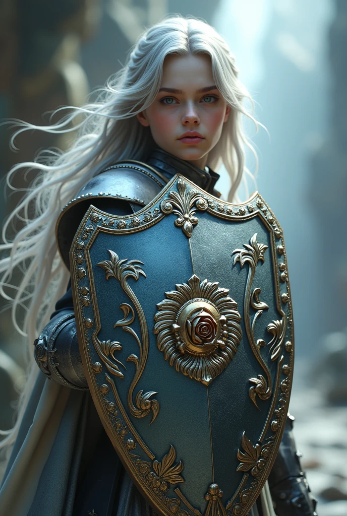 Surreal Very detailed Ultra Fantasy Ultimate Details Ultra-high resolution 8K 32k 3D Clear Eyes Silver髪 In one hand he holds a magnificent medieval shield mechanical engineering Mechanic Art shield【Rose】Name plate included。. intricate and elaborate design, money, Silver Dynamic pose Robotics Cinema Lighting