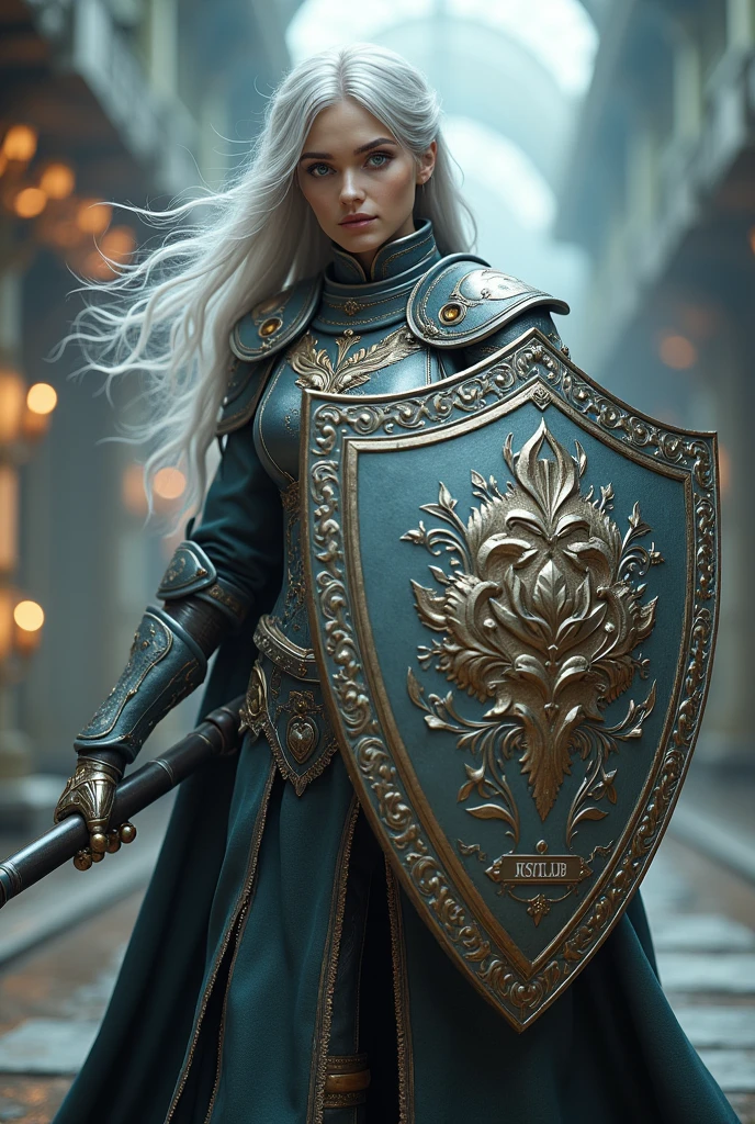 Surreal　Very detailed　Ultra Fantasy　Ultimate Details　Ultra-high resolution　8K 32k 3D 　Clear Eyes　Silver髪　　In one  hand he holds a magnificent medieval shield　mechanical engineering　Mechanic Art　　shield【Rose】Name plate included。.　intricate and elaborate design, money, Silver　Dynamic pose　Robotics　Cinema Lighting　