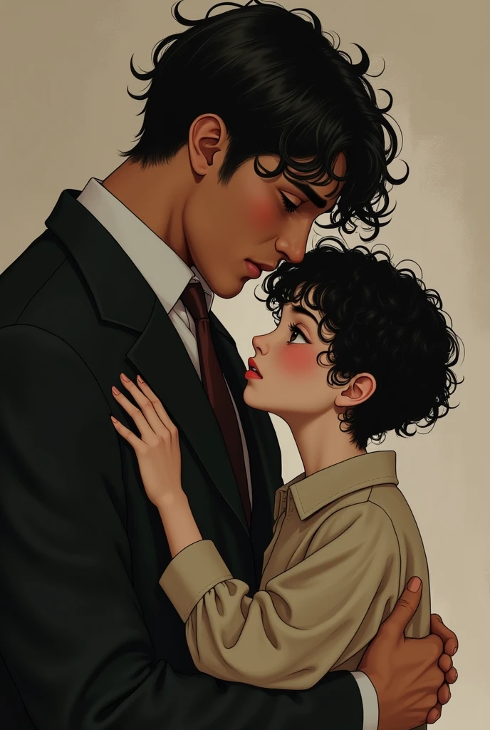 A girl under 1.56 with a slim body with standard breasts,White skin,with dark brown eyes, black curly hair down to the ears , dressed as a boy in baggy clothes hugging a tall boy of 1.90 who only reaches his head to his chest with a trained body, light brown skin, with hazel eyes dark wavy hair wearing formal, realist