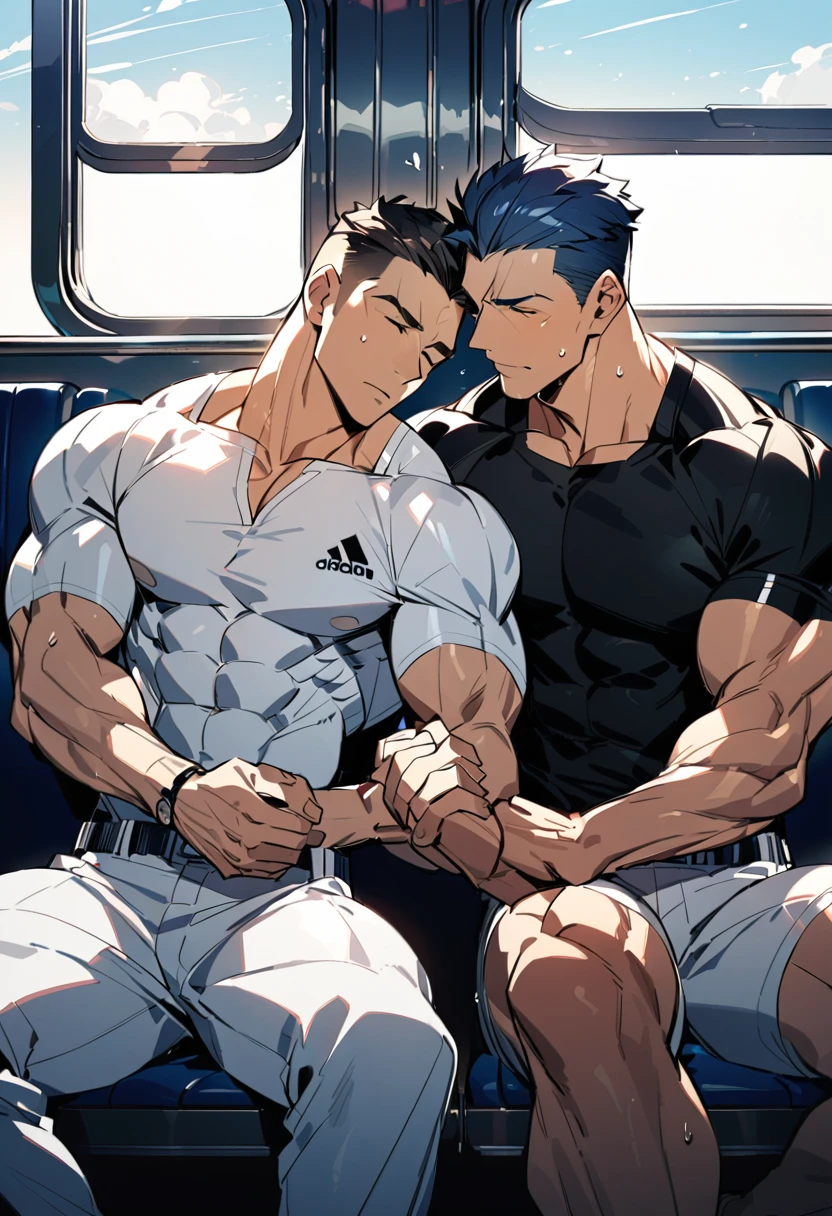 Two muscular men sitting next to each other on a train、Gay、manly、Highest quality、sweating、Sports haircut、Couple holding hands、Sleeping、Perfect hands