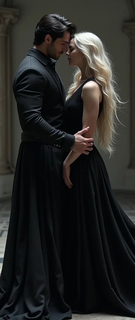 dark romance couple, black hair masculine man, light blonde hair stocky woman, all black dressed, good posture, good body mass, fantasy art, black theme, masterpiece, extreme detail, cinematic lighting, 4k