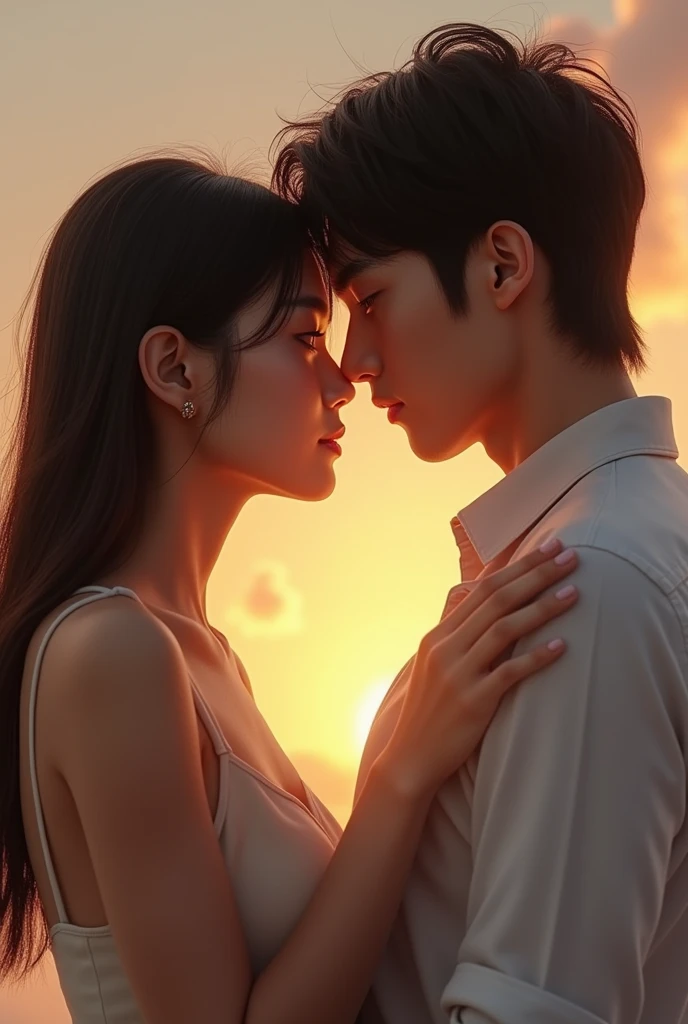 create a girl that is very sexy and the face is very innocent and her side is her boyfriend. two of them have Korean face