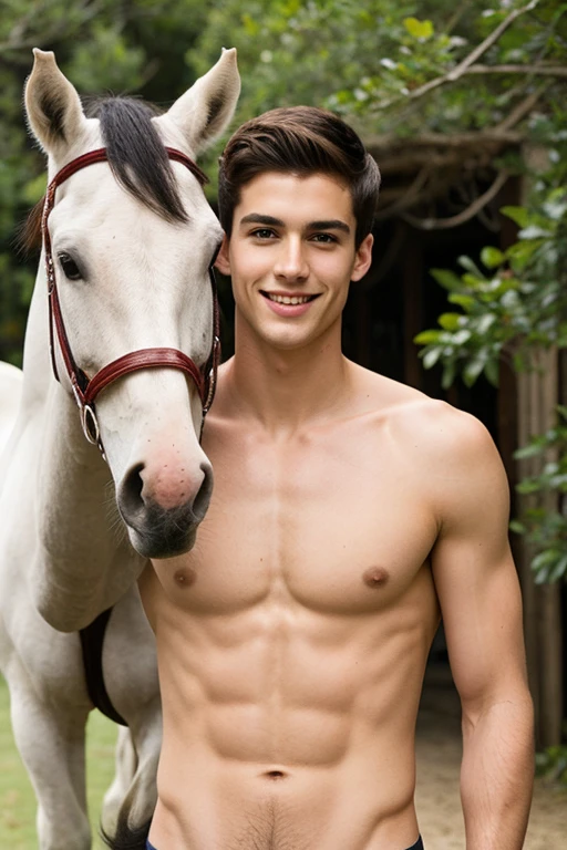 Young handsome cute beautiful skinny white face without shirt  con un caballo