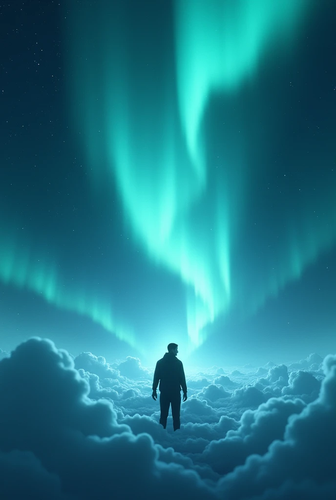 a man standing on the cloud at night saraounded by aurora