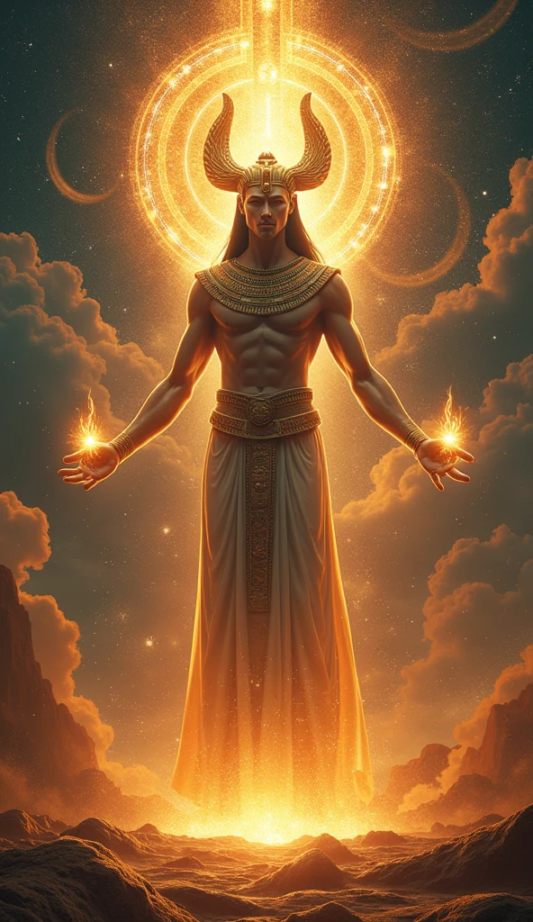Show Atum in Egyptian mythology initiating the process of creation. Focus on his divine act without any explicit details. Ensure the image is highly detailed with stunning gradient colors and a detailed background. Use masterpiece, best quality, CG, wallpaper, HDR, high quality, ultra detailed face, cinematic, high detail, 8k, raw, high, artstation HQ, unreal engine, octane renderer, 4k resolution, hyperrealistic, highly detailed, and absurdres settings