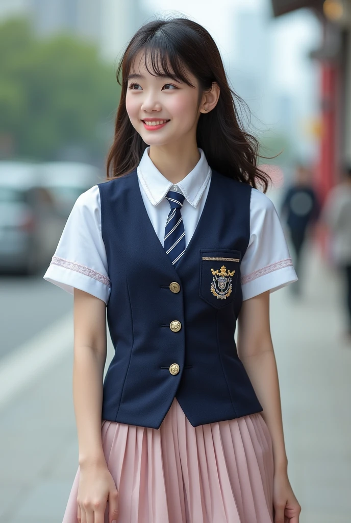 Please design a nice girly Korean school uniform for me with a men's tie 
add a vest