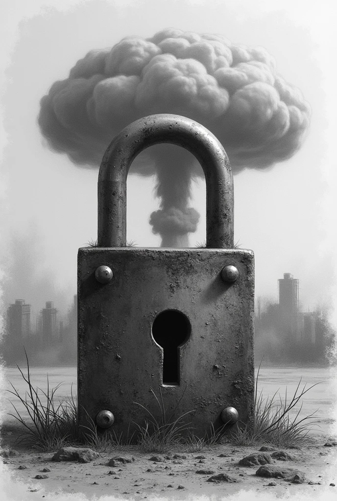 An image of a bunker padlock with the shadow of a nuclear bomb detonation in pencil