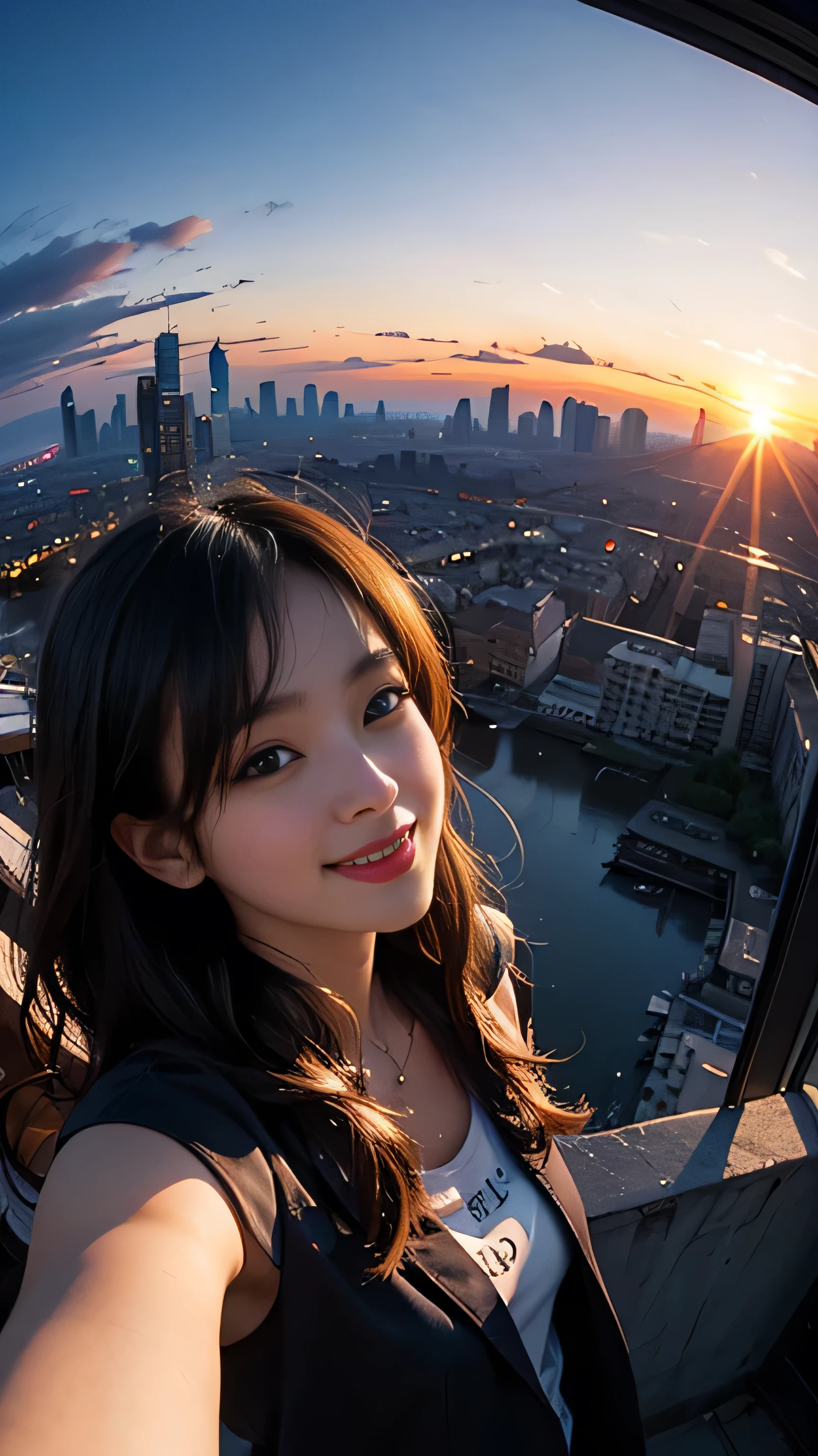 One person, Korean, Fisheye Lens, Selfie, Wind, Messy Hair, sunset, Cityscape, (Aesthetics and atmosphere:1.2),smile