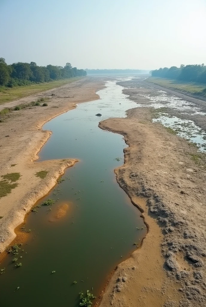 A wide-angle view of the Padma River in Bangladesh during a dry season with significantly reduced water levels. The riverbed is exposed with patches of cracked earth and sparse vegetation. The background features distant riverbanks and a clear sky, emphasizing the contrast between the low water levels and the typically fuller river. Include sparse water in some areas to reflect the reduced flow
