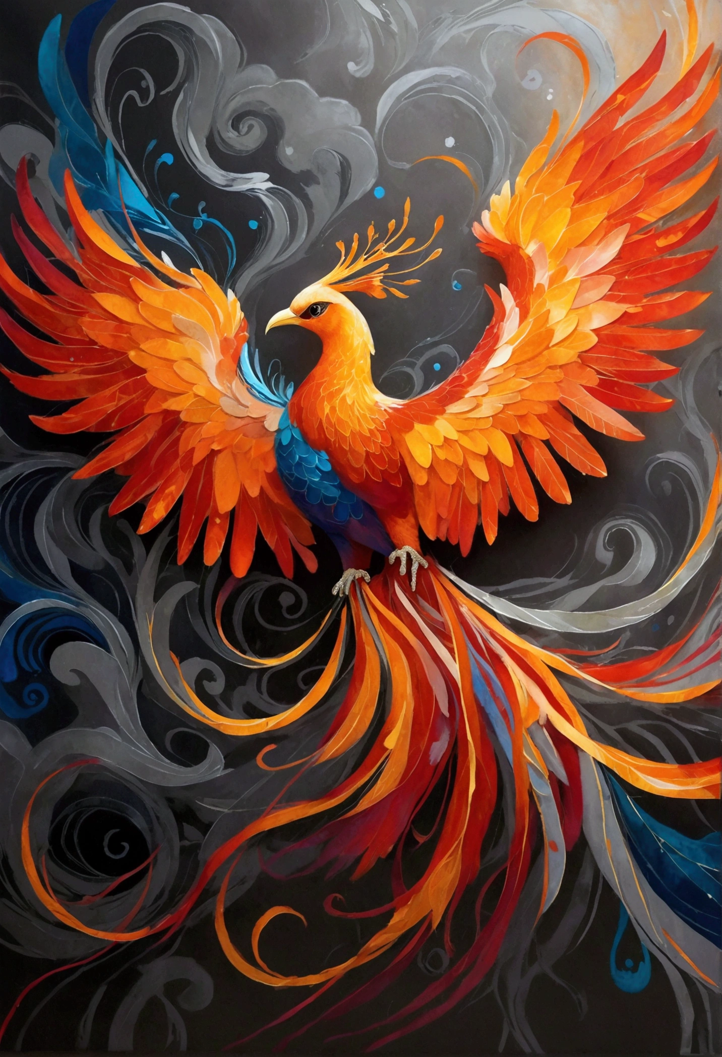 Imagine an awe-inspiring depiction of a vibrant and fiery phoenix, its wings spread wide, brilliantly rising from a picturesque pile of gray ashes that contrast starkly against its glowing plumage. The phoenix emanates an aura of power, renewal, and hope, its form characterized by abstract shapes and patterns. The backdrop to this scene is a minimalistic expanse to focus all attention on this pivotal moment of rebirth, symbolizing resilience and the cyclical nature of existence. The scene should feel powerful, dramatic, and emotionally resonant.