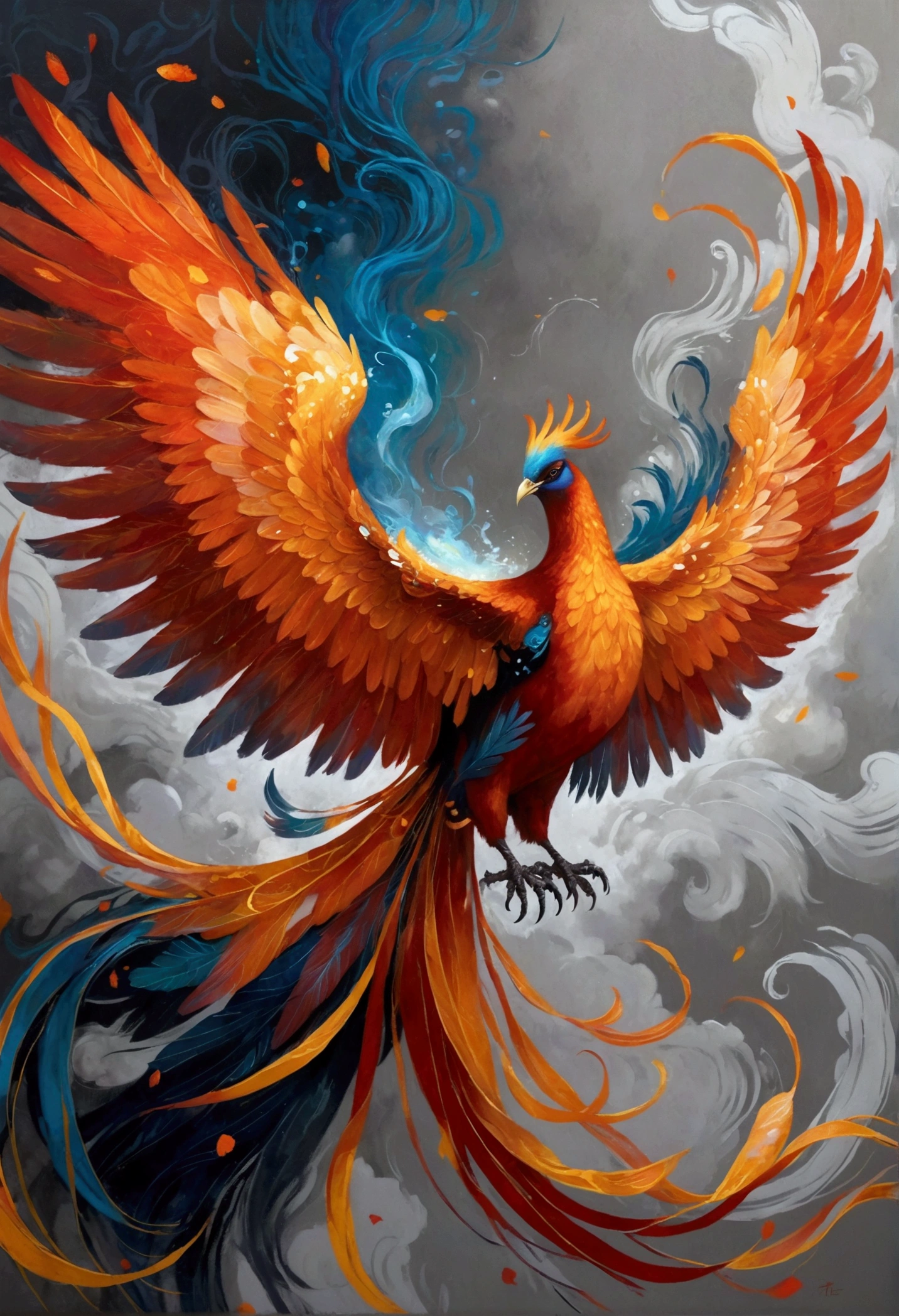 Imagine an awe-inspiring depiction of a vibrant and fiery phoenix, its wings spread wide, brilliantly rising from a picturesque pile of gray ashes that contrast starkly against its glowing plumage. The phoenix emanates an aura of power, renewal, and hope, its form characterized by abstract shapes and patterns. The backdrop to this scene is a minimalistic expanse to focus all attention on this pivotal moment of rebirth, symbolizing resilience and the cyclical nature of existence. The scene should feel powerful, dramatic, and emotionally resonant.