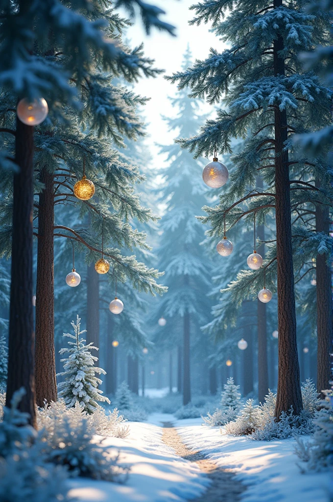 Ultra-resist image Pine trees with white glittering Christmas ornaments