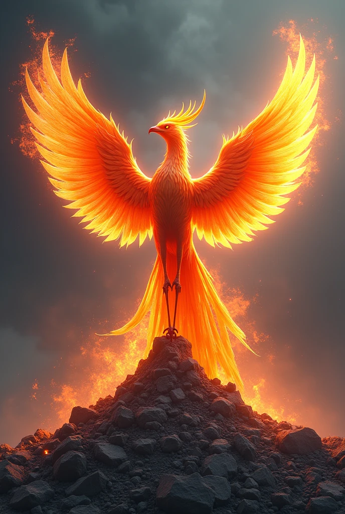 Imagine an awe-inspiring depiction of a vibrant and fiery phoenix, its wings spread wide, brilliantly rising from a picturesque pile of gray ashes that contrast starkly against its glowing plumage. The phoenix emanates an aura of power, renewal, and hope, its form characterized by abstract shapes and patterns. The backdrop to this scene is a minimalistic expanse to focus all attention on this pivotal moment of rebirth, symbolizing resilience and the cyclical nature of existence. The scene should feel powerful, dramatic, and emotionally resonant.