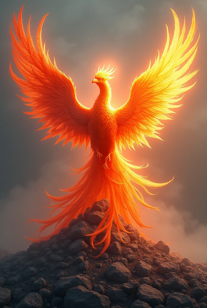 Imagine an awe-inspiring depiction of a vibrant and fiery phoenix, its wings spread wide, brilliantly rising from a picturesque pile of gray ashes that contrast starkly against its glowing plumage. The phoenix emanates an aura of power, renewal, and hope, its form characterized by abstract shapes and patterns. The backdrop to this scene is a minimalistic expanse to focus all attention on this pivotal moment of rebirth, symbolizing resilience and the cyclical nature of existence. The scene should feel powerful, dramatic, and emotionally resonant.