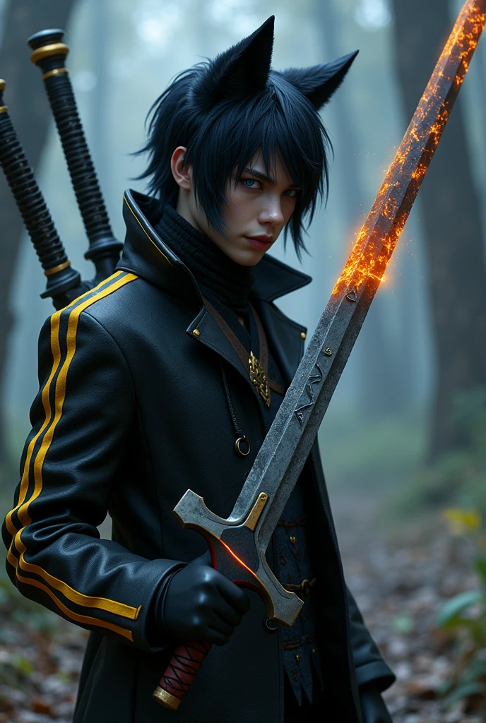 A 2, with medium black wolf cut hair, with blue eyes with blue stripes near the eyes forming a line, with a black overcoat with yellow stripes, with a thin long sword with a volcano heart inside but the blade is gray and has Helsen written on the blade.