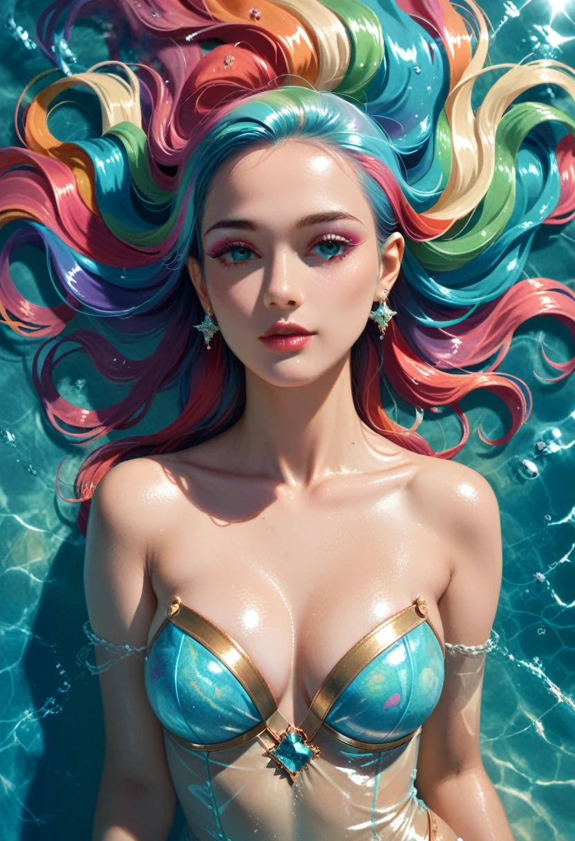 a beautiful tranquil ocean, shimmering stardust dissolving, seamless fusion of sea and cosmos, holographic mirrored reflections, transparent fantastical rainbow coatings, multiple exposure