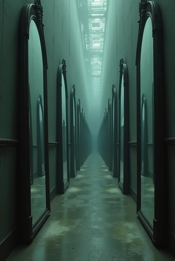  Mirror Room: A room filled with tall, old mirrors, with reflections that move independently, creating an unsettling and surreal atmosphere.animation form 