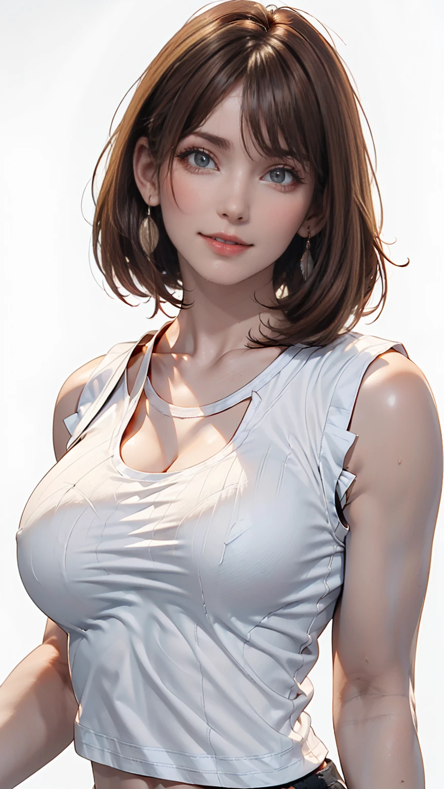 Highest quality, Realistic, 8k, High resolution, 1 girl, woman, (Skin Dentition), (Portraiture: 0.6), nice, (White Background: 1.82)), ((Big round breasts, Sleeveless white T-shirt: 1.75)), Straight Viewer: 1.8, (1 personEyes, Medium length hair, Brown Hair, Parted bangs : 1.65), Realistic, (Bokeh), (Mouth closed: 1.46), nice, Pure Eros Face_v1,