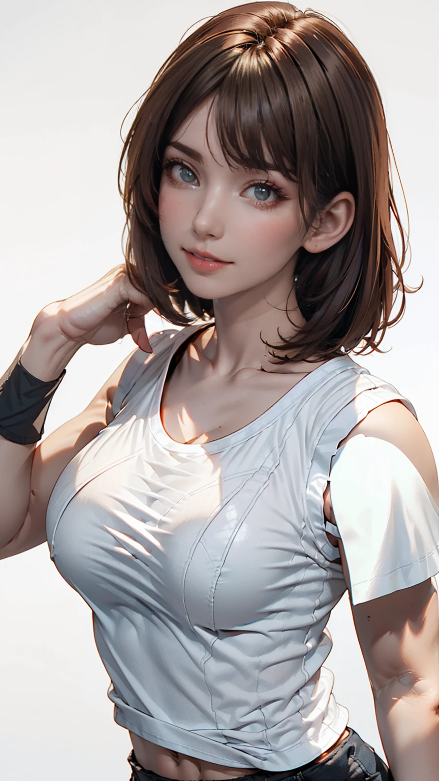 Highest quality, Realistic, 8k, High resolution, 1 girl, woman, (Skin Dentition), (Portraiture: 0.6), nice, (White Background: 1.82)), ((Big round breasts, Sleeveless white T-shirt: 1.75)), Straight Viewer: 1.8, (1 personEyes, Medium length hair, Brown Hair, Parted bangs : 1.65), Realistic, (Bokeh), (Mouth closed: 1.46), nice, Pure Eros Face_v1,