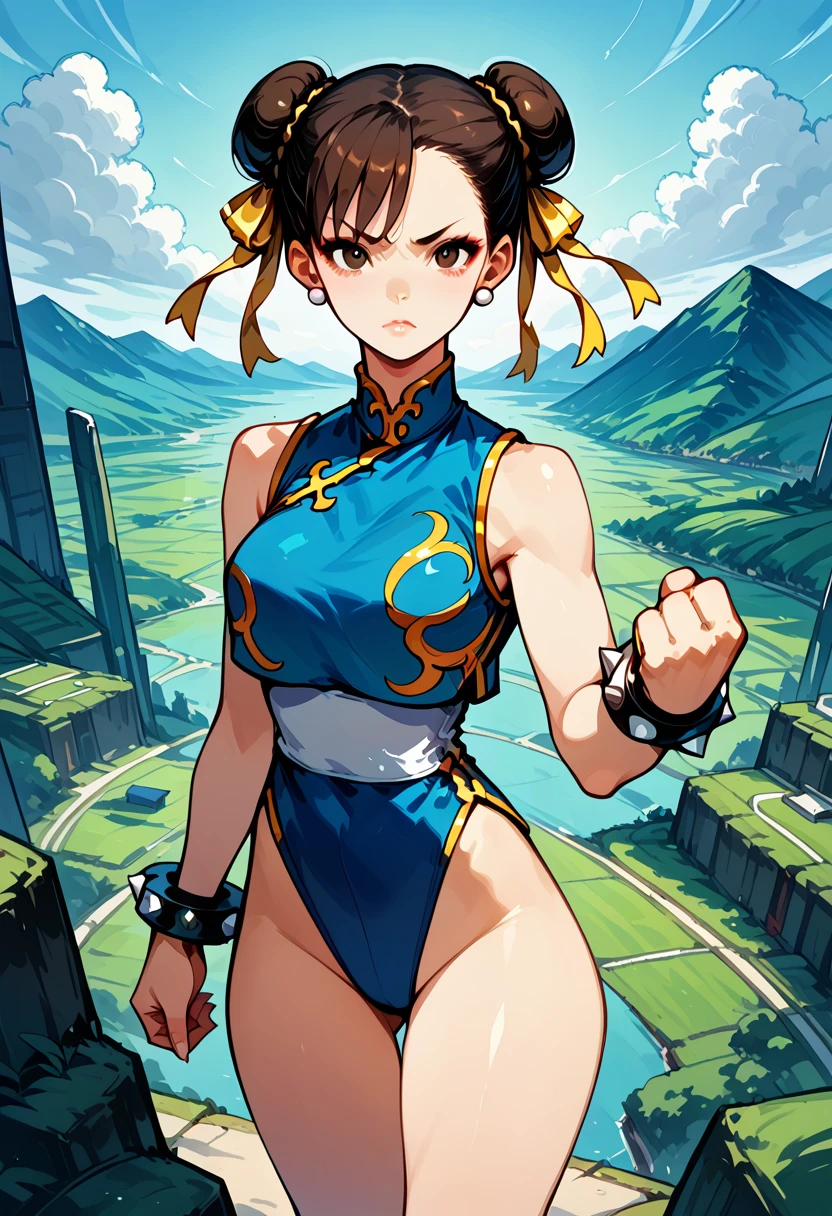 score_9, score_8_above, score_7_above, BREAK, score_9, 1 girl, Chun Li (\Street fighter)\, black fur, Brown eyes, makeabove, eyelashes, short hair, old, looking at the viewer, fist in hand, Lips, alfa_lasts, blue Monkey, blue leotard, blue vest, sleeveless, cowboy shot, landscape, Street