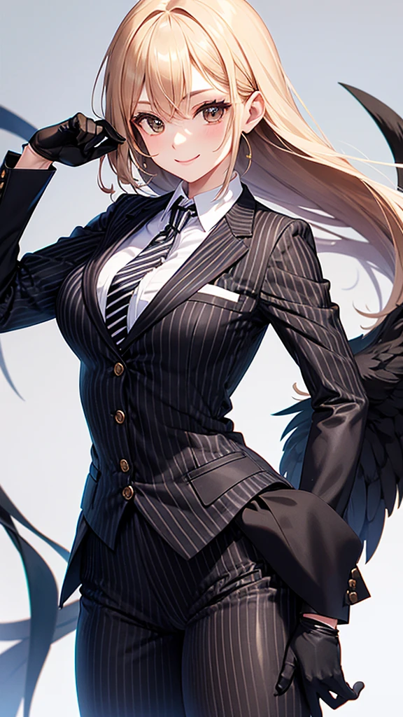 A woman in a striped pantsuit tie smile Black gloves