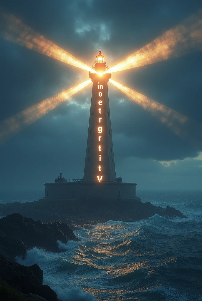 Depicting a lighthouse composed of multiple beams of light, with the word 'integrity' shining in the center of each beam