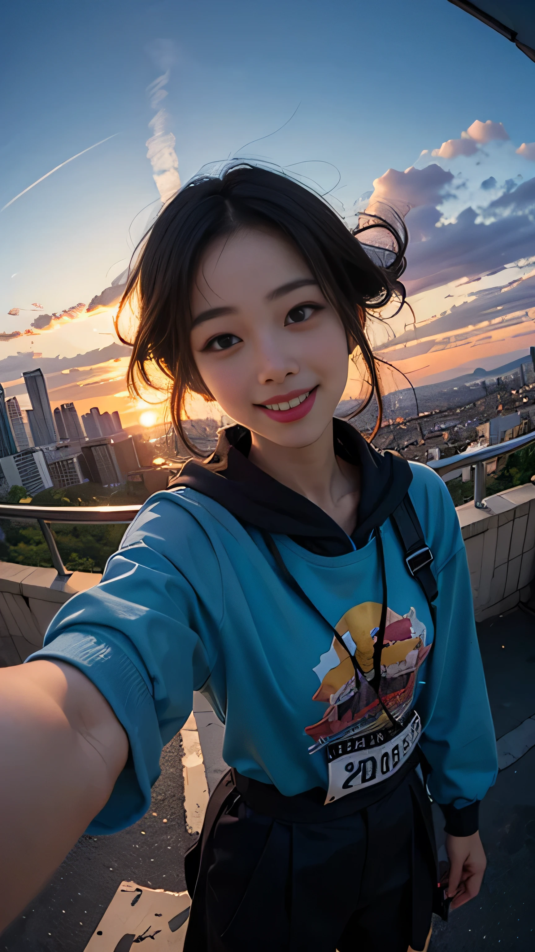 One person, Korean, Fisheye Lens, Selfie, Wind, Messy Hair, sunset, Cityscape, (Aesthetics and atmosphere:1.2),smile