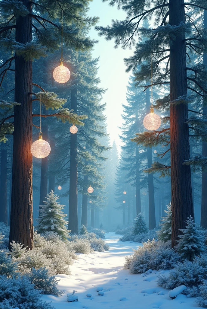 Ultra-resist image Pine trees with white glittering Christmas ornaments