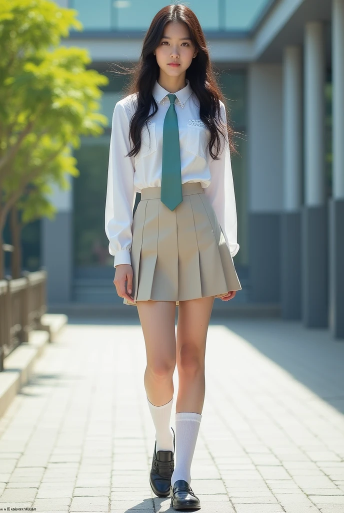 Please design a nice girly Korean school uniform for me with a men's tie