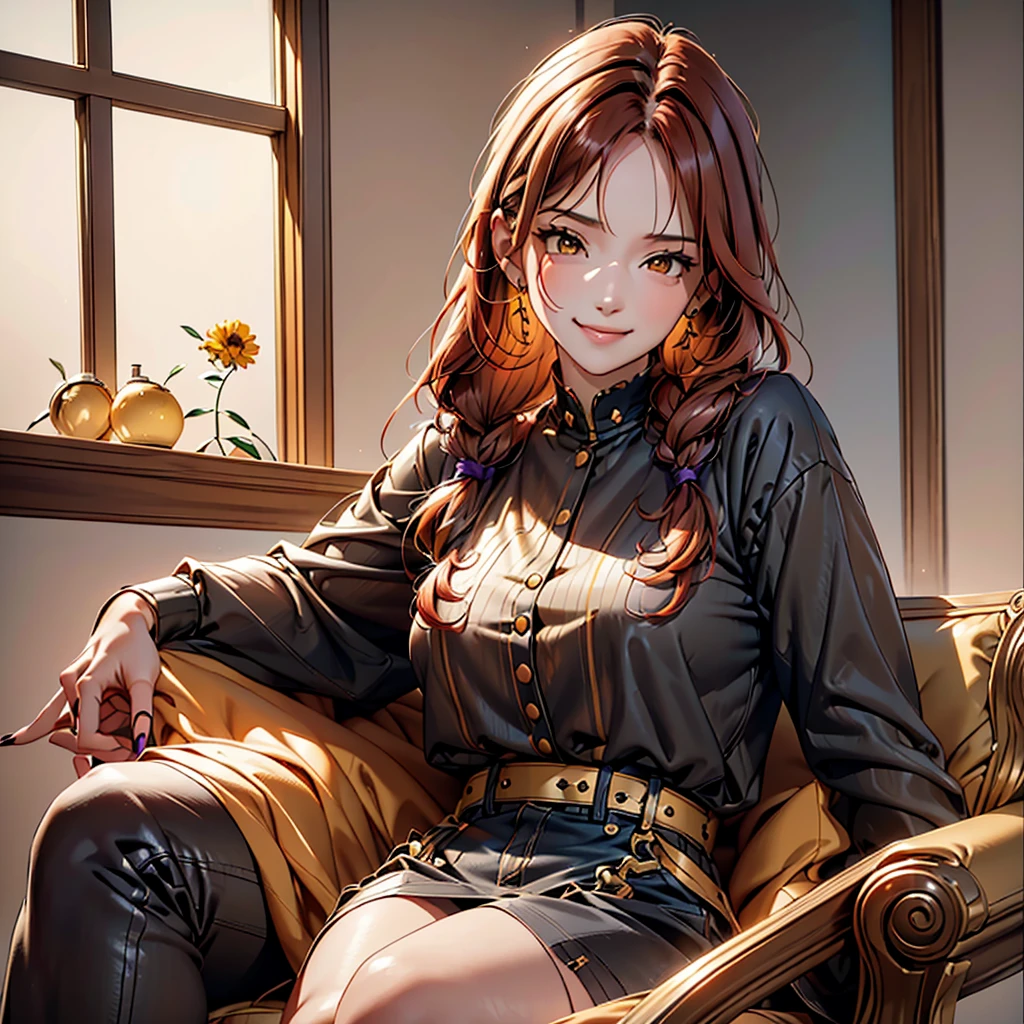 women, long hair with 2 braids, natural redhead, honey yellow eyes, Purple overalls with black blouse, long black nails, sitting on an armchair in a room, full body, chest a little big, bright smile, mischievous smile.