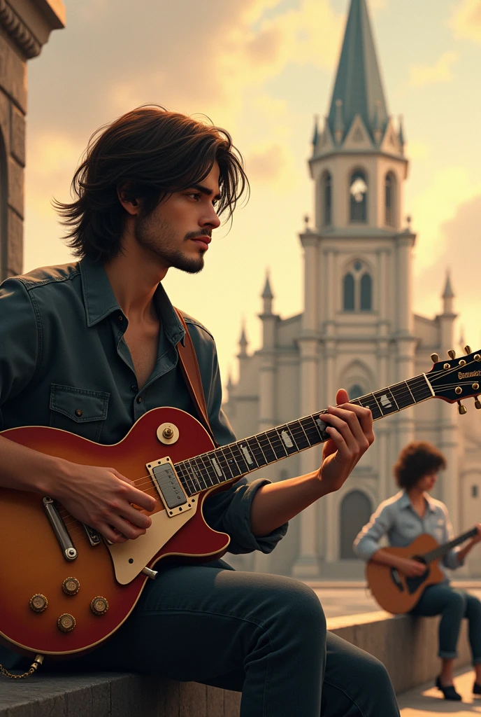 I want a young man with long hair, sem beard, with a Gibson Les Paul electric guitar sitting and behind him a church with a beautiful young woman with a guitar