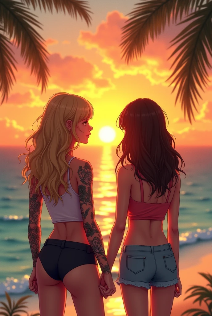 A couple of two girls watching the sunset in a sea, one girl has to be wavy with blonde hair and she has to have a tattoo on her entire arm, she has to be a little small, and another girl, the other girl is going to have brown hair and a little bigger than the blonde girl, the blonde has to have straight hair, both of them don't have to have bangs and they are going to be watching the sunset in a tropical place, the one with blonde hair doesn't have to have short hair, she has to have it long and also have it wavy, and the one with brown hair has to have it medium, not too long or too small, and straight with brown hair, not too realistic, and the one with blonde hair has to have longer hair, the blonde hair has to have longer hair, and the one with short hair with brown hair has to have it medium, not short or too long.
