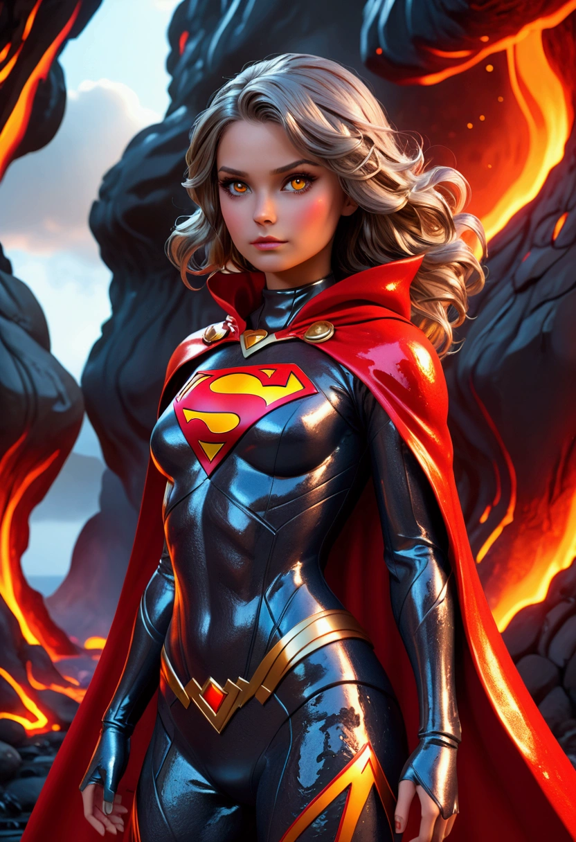 AN INCREDIBLY SEXY, CUTE AND SHY FUTURISTIC LAVA COVERED FEMALE WEARING A SYNTHETIC LIQUID LAVA SUPERGIRL COSTUME AND CAPE. ABSURD 8K DETIALS AND TEXTURES. MASTERPIECE. LAVA SKIN, LAVA FACE, LAVA HAIR.