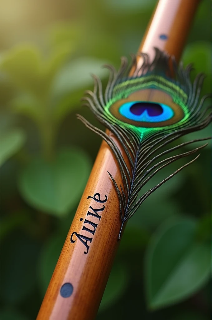 Flute with peacock feather and name encraved Aniket