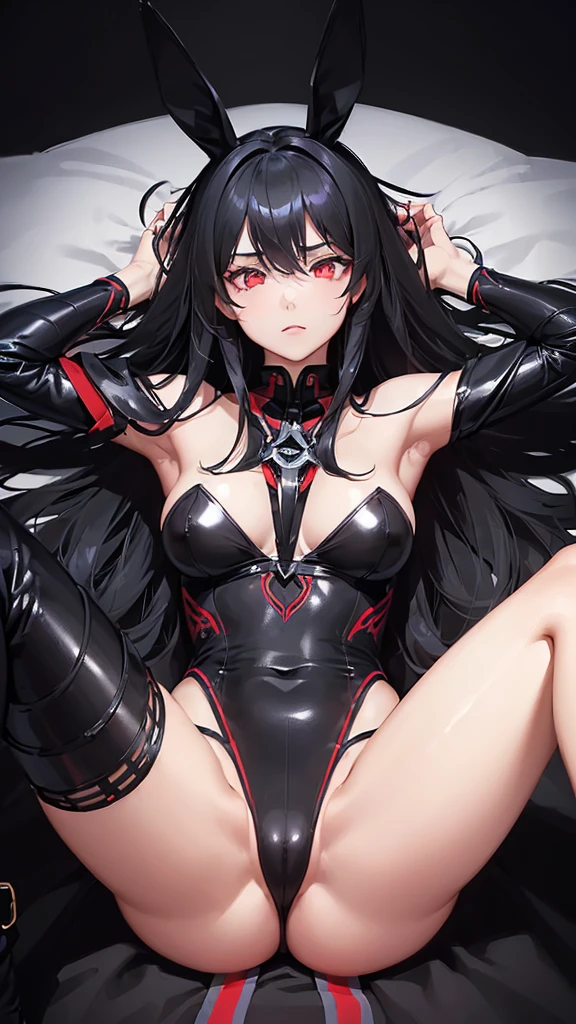 (((Sexy Girl with Defined body))),(((medium Breasts))),(((long black hair,red eyes))),((Character with only black bunny ears, exclude human ears)),(((Valkyria outfit))),(beautiful detailed eyes: 1.6),cel-shaded, flat colors, bold outlines, (vibrant colors), smooth gradients, simple shading, high quality, high resolution, ((ultra-detailed, extremely detailed eyes, highly detailed hair)), (((girl lying with legs open))), (((Girl Lying with legs apart))),ra1ju