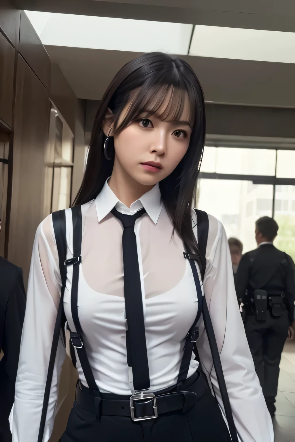a woman in a suit, belt, hands behind back, sweating, suspenders, black pants, sexly, large breasts, see-through clothing, rain, detective, office worker, white button-up shirt, (best quality,4K,8k,highres,masterpiece:1.2),ultra-detailed,(realistic,photorealistic,photo-realistic:1.37),hyper-detailed,highly detailed face and body, Slender thin suspenders Moderate breasts See-through shirt Nipples holster chain Pistol Armament criminal Female criminal knife