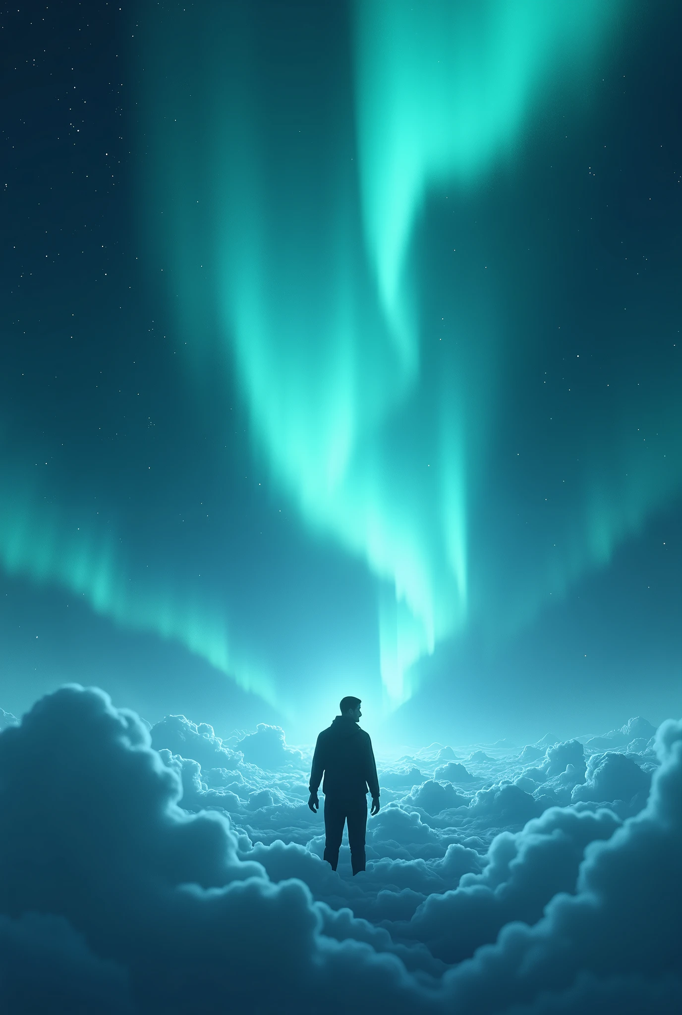 a man standing on the cloud at night saraounded by aurora